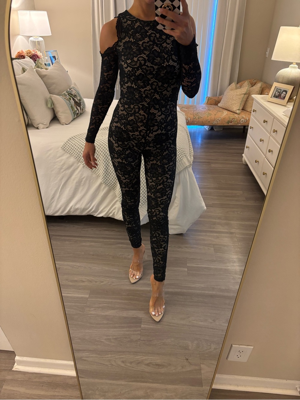 Alice + Olivia Showroom Sample Black Lace Cold-Shoulder Jumpsuit